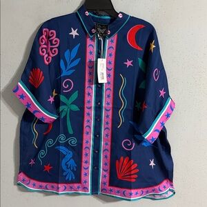 2 pieces Johnny Was Navy Tropical Print Two-Piece Set with Pink Trim NWT